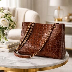 Luxurious Brown Crocodile-Embossed Shoulder Bag with Chain Strap